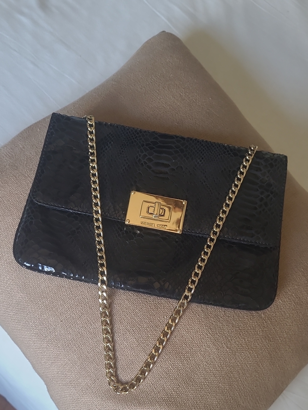 Michael Kors Black Patent Leather Snake-Embossed Shoulder Bag Gold Chain